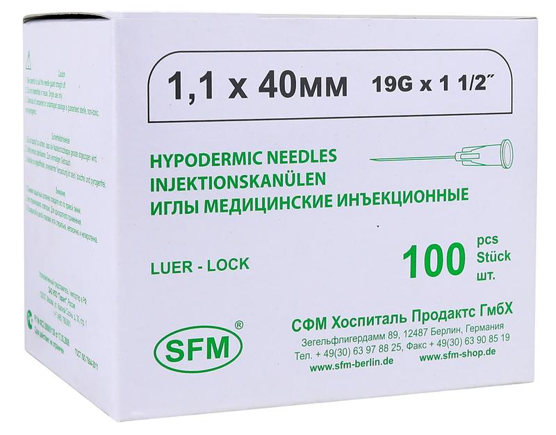 Фото Иглы медицинские инъекционные SFM 1,10 х 40 мм 19G TW №100