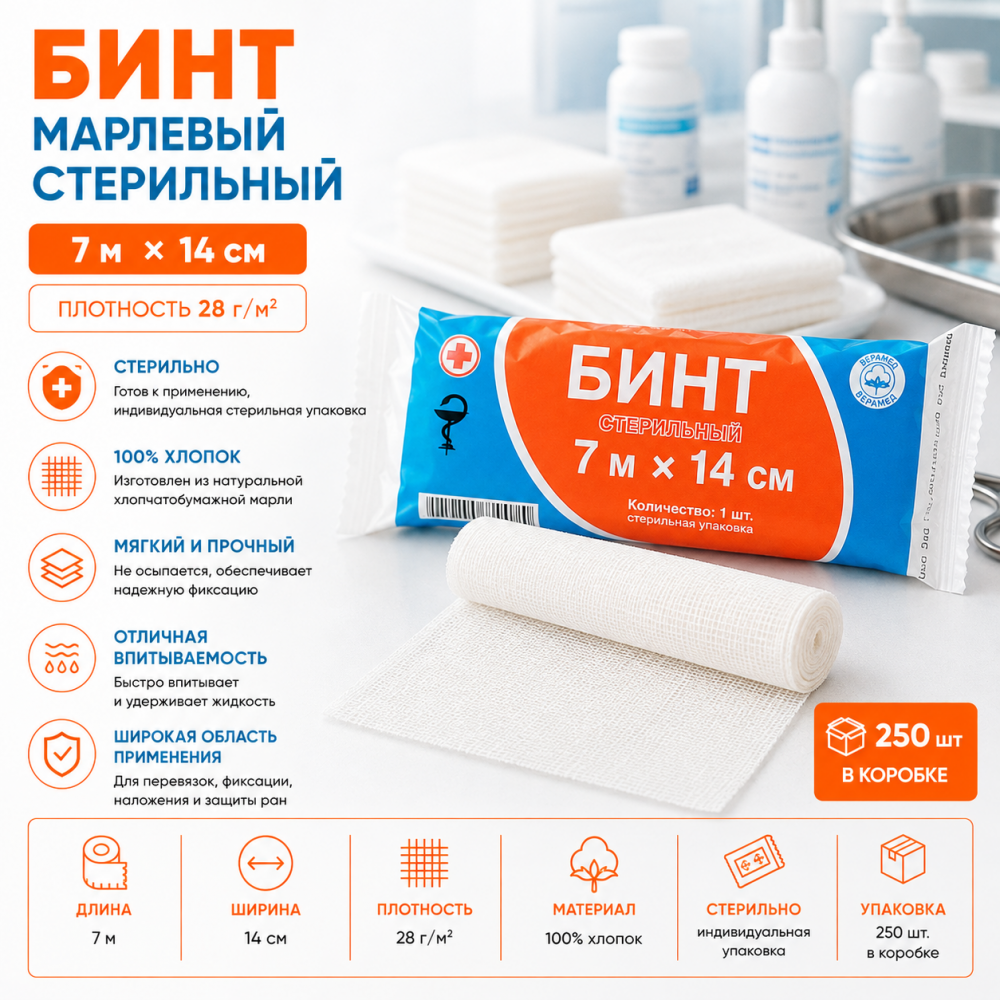 Фото Бинт марлевый стерил. инд.уп., 7м х 14см, пл.28, ВераМед (250шт/кор.)