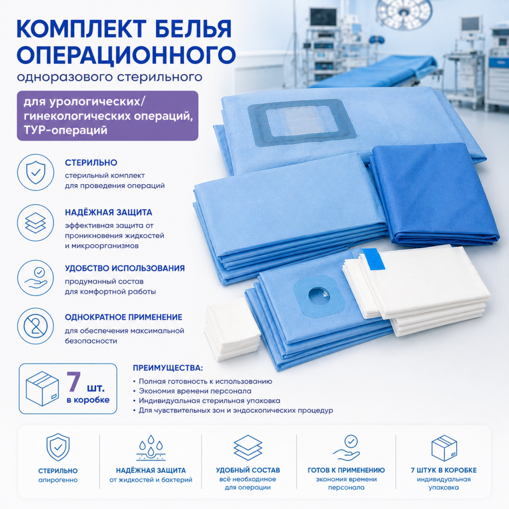 Фото Комплект белья операционного одноразового стерильного для урологических/гинекологических операций, ТУР-операций (7шт/кор.)