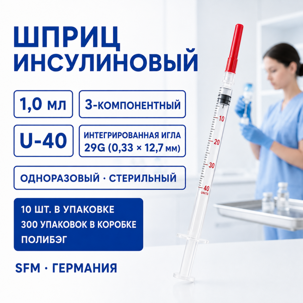 Фото Шприц 1,0мл Инсулин U-40 (3-х) SFM, Германия однораз. стер.с интегрированной иглой 0,33х12,7 - 29G (10 шт/уп./300уп./кор.) (полибэг)