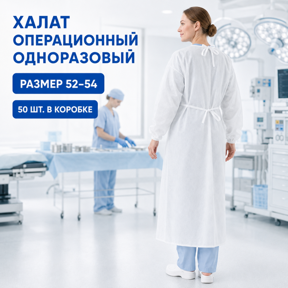 Фото Халат операционный одноразовый стерильный, завязки, рукав на резинке, спанбонд, пл.42, дл.140см, р-р 52-54 (50шт/кор) София