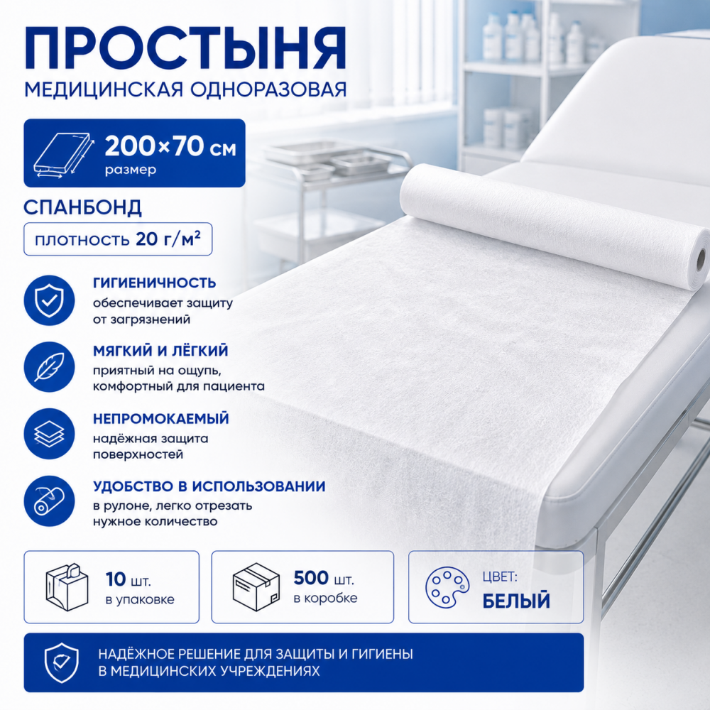 Фото Простыня медицинская одноразовая, 200х70см, спанбонд пл.20г/м2, цвет: белый (10шт/уп.,500шт/кор.) ТМ Главмед