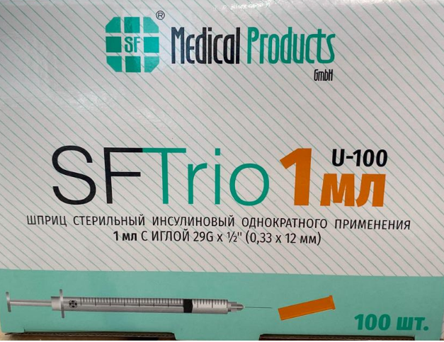 Фото Шприц 3-компон. стер. инсулиновый одн.прим. 1мл. U-100 с интегрир. иглой 29Gх1/2" (0.33 х 12 мм) SFTrio, блистер,(100шт/уп./3200шт/кор.) SF Medical