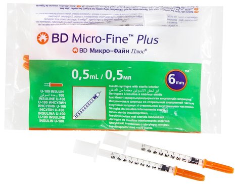 Фото Шприц инсулиновый BD micro-fine Plus U-100 0,5мл с иглой 0,25х6мм (31G) №10(ЧЗ)