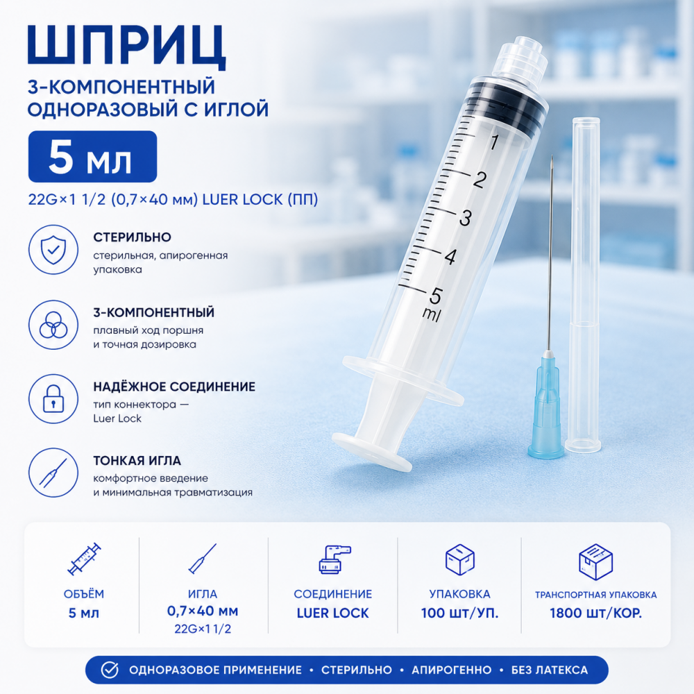 Фото Шприц 3-компон. однораз. стер. инъекц. 5мл, игла 0.7х40, 22Gх1 1/2 Luer Lock (ПП), (100шт/уп./1800шт/кор) Changzhou Jinlong(ЧЗ)