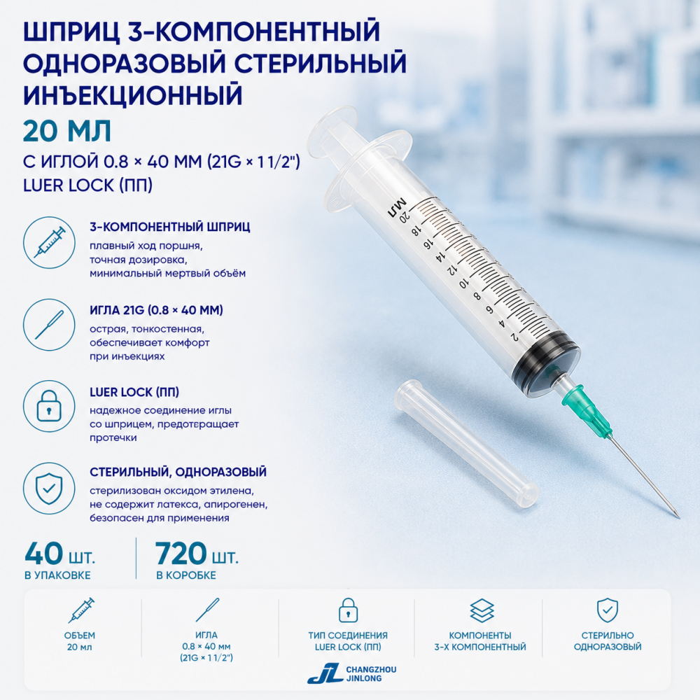 Фото Шприц 3-компон. однораз. стер. инъекц. 20мл, игла 0.8х40, 21Gх1 1/2 Luer Lock  (ПП), (40шт/уп./720шт/кор) Changzhou Jinlong (ЧЗ)