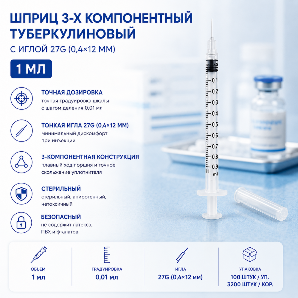 Фото Шприц 3-х компонентный туберкулиновый 1 мл, с иглой 27G (0.4x12мм) 100шт/уп.,3200шт/кор., KDM(ЧЗ)