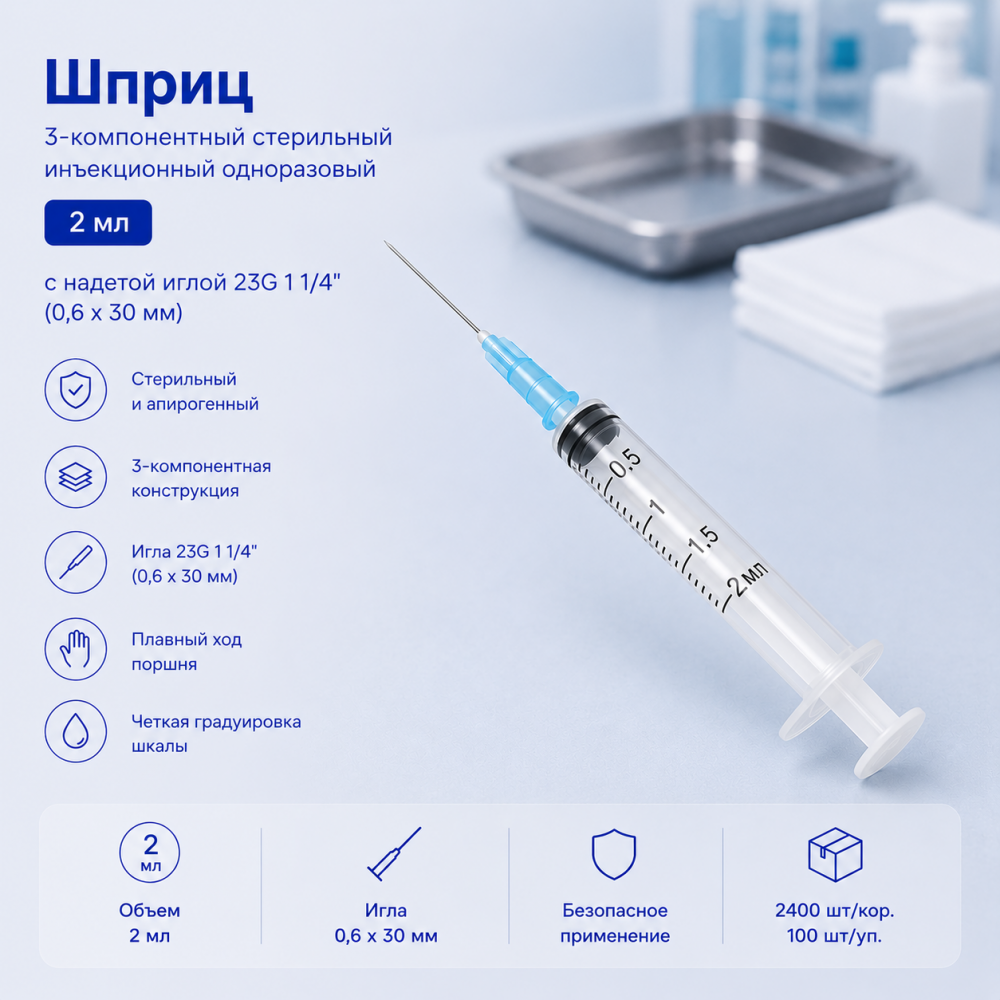 Фото Шприц 3-компон. стерил. инъекц.одн. прим. 2 мл с надет.игл. 23G 1 1/4" (0.6x30 мм) SFTrio, 3-к.,блистер, 2400шт/кор /100шт./уп, SF Medical(ЧЗ)