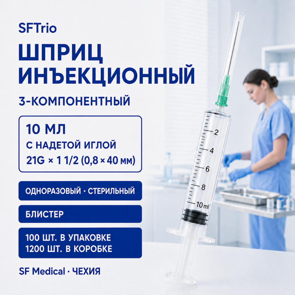 Фото Шприц 3-компон. стерил. инъекц.одн. прим. 10 мл с надет.игл. 21G 1 1/2" (0.8x40 мм) SFTrio, 3-к.,блистер, 1200шт./кор. /100шт./уп.,SF Medical(ЧЗ)