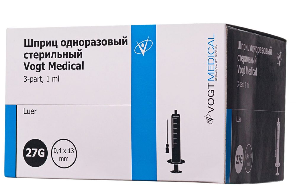 Фото Шприц одноразовый стерильный Vogt Medical 1,0 мл инсулиновый U-100 с надетой иглой 27G1/2'' (0,4х13мм) уп. 100 шт. кор. 3200 шт.(ЧЗ)