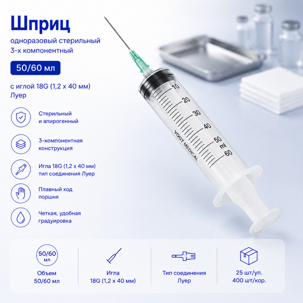 Фото Шприц одноразовый стерильный Vogt Medical 3-х компонентный 50/60мл с иглой 18G (1,2х40мм) Луер (25шт/уп/400шт/кор)(ЧЗ)
