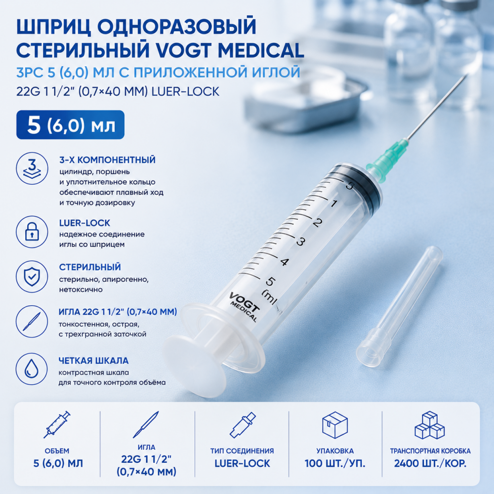 Фото Шприц одноразовый стерильный Vogt Medical 3PC 5 (6,0) мл с приложенной иглой 22G 1 1/2" (0,7*40мм) luer-lock, уп. 100 шт. кор. 2400 шт.(ЧЗ)