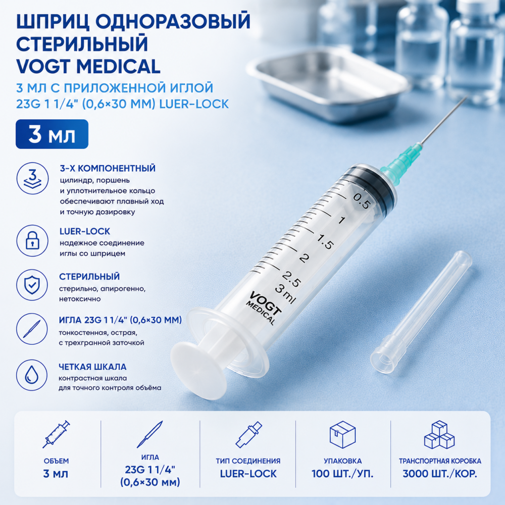 Фото Шприц одноразовый стерильный Vogt Medical 3 мл с приложенной иглой 23G 1 1/4 (0,6х30мм) luer-lock, уп. 100 шт. кор. 3000 шт. (ЧЗ)