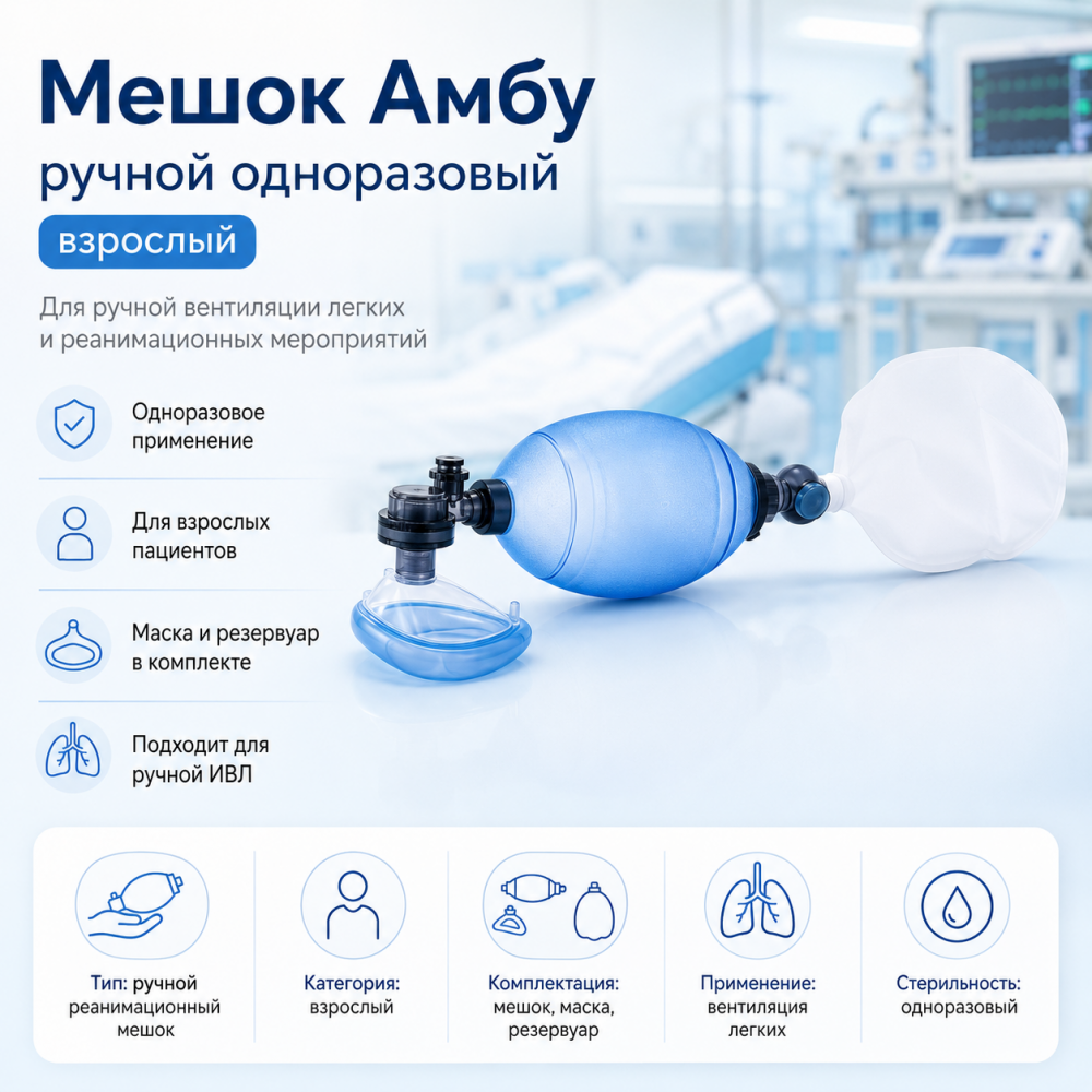 Фото Мешок Амбу ручной одноразовый взрослый (Пласти-Мед)(ЧЗ)