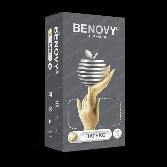 Фото Перчатки медицинские диагностические (смотровые) одноразовые нестер. "BENOVY" латексные н/о текстурированные на пальцах, хлор.,р.М (50/500) (ЧЗ)